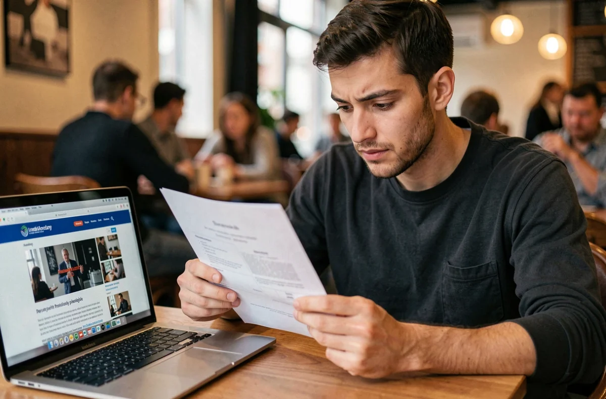 Homme vérifiant la légitimité d'une annonce de casting figurants sur internet et sur papier dans un café