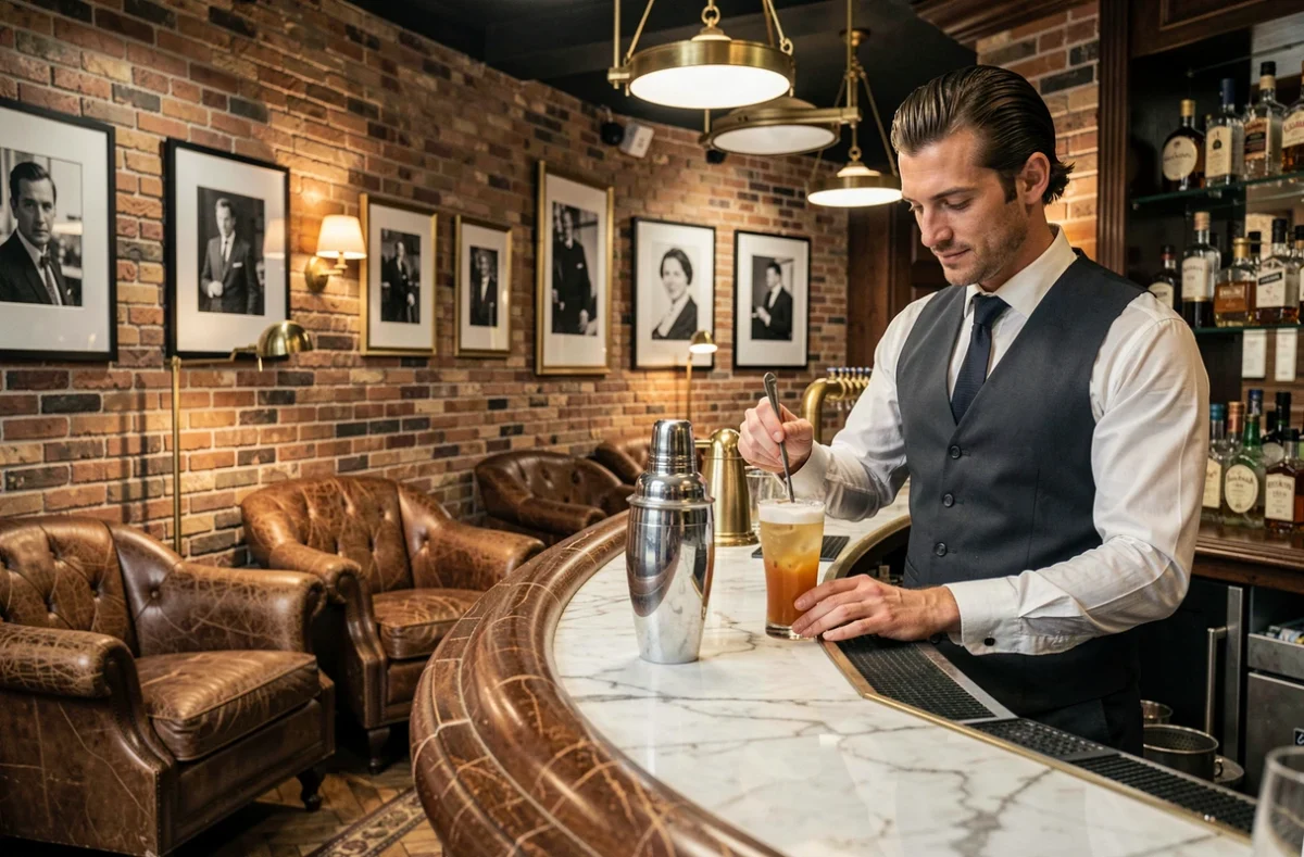 Bar vintage à Bordeaux avec fauteuils en cuir rétro, mur en briques et barman préparant un cocktail classique