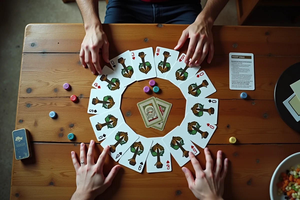Vue aérienne d'un jeu de cartes Palmélito ou Palmier étalé sur une table en bois avec jetons et règles