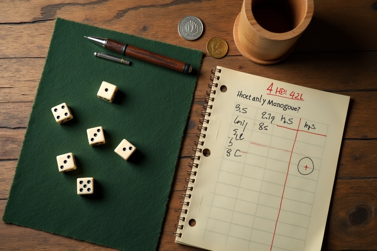 Vue de dessus du jeu de 421 avec des dés en ivoire, un cornet en bois et une feuille de score manuscrite sur un tapis de feutre vert